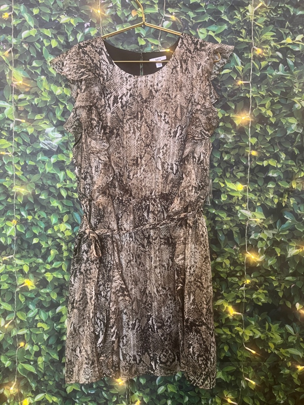 Sleeveless Ruffle Snake-Print Dress in Brown